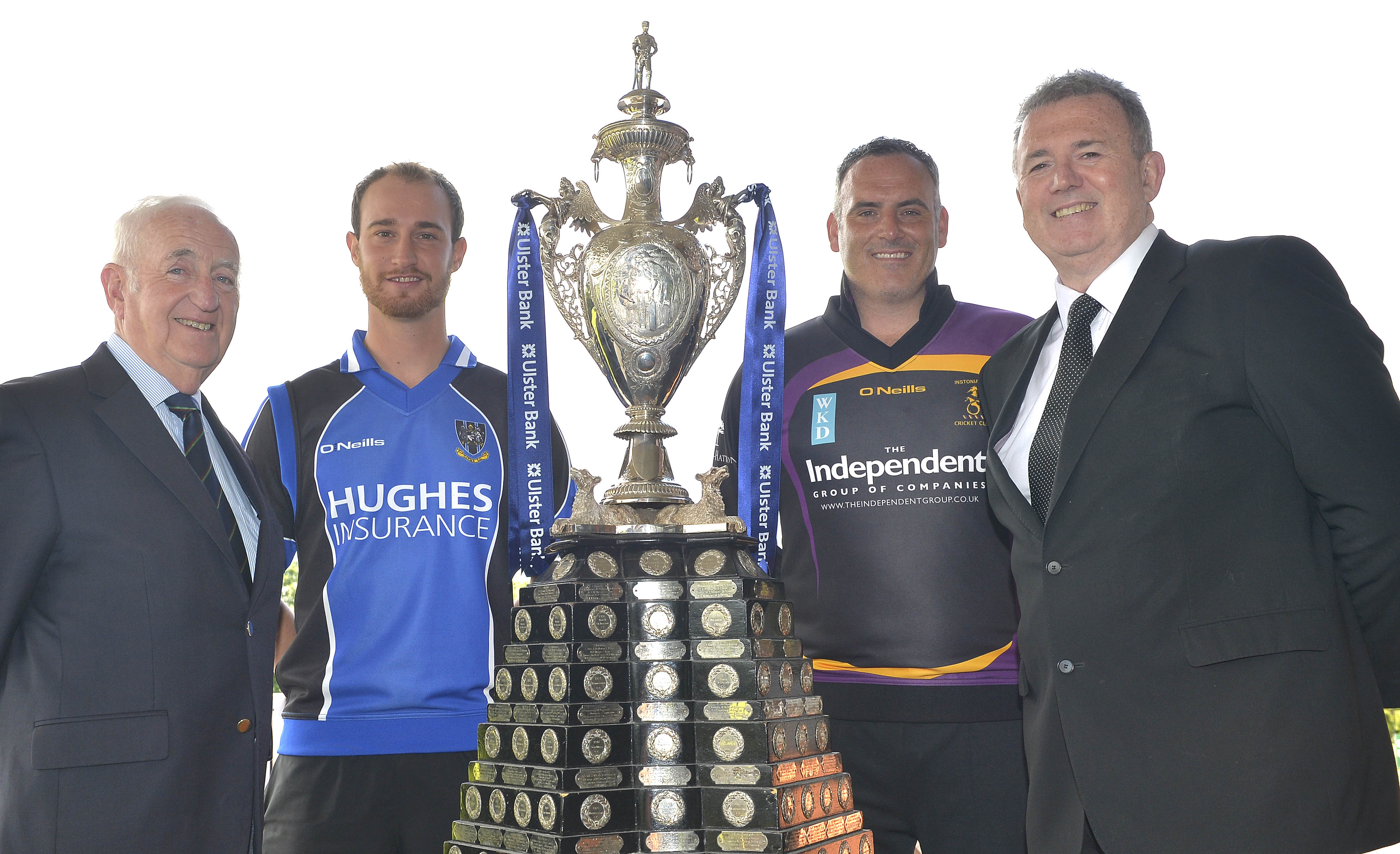 Billy Boyd, President of the NCU, Chris Dougherty, captain of CIYMS, Neil Russell, captain of Instonians, and Stephen Cruise of Ulster Bank (© Rowland White)